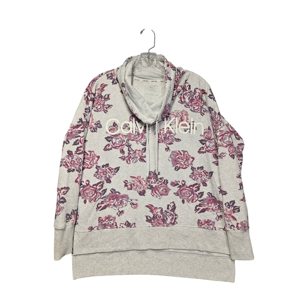 Calvin Klein Women Gray Floral Cowl Neck Sweatshirt Logo Fleece Pullover Small